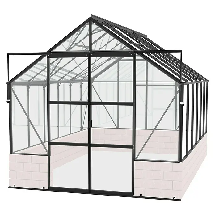 Vitavia Gewächshaus Cassandra 9900 - Außenmaß inkl. Dachüberstand (B x T): 257 x 385 cm, 3 mm, Schwarz - Ansicht eines Gewächshauses mit Aluminiumrahmen und transparenten Glasscheiben, ideal für den Gartenbau.
