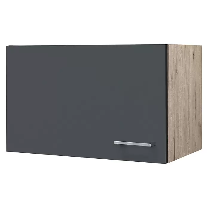 Flex-Well Tiago Singleküche - Breite: 210 cm, Grau, Mit 2-Platten-Kochfeld & Mikrowelle - Dunkelgrauer Küchenschrank mit Holzoptik-Seitenwand und silbernem Griff.