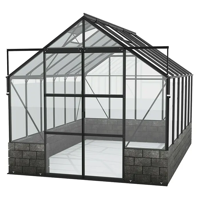 Vitavia Gewächshaus Cassandra 9900 Plus - Außenmaß inkl. Dachüberstand (B x T): 257 x 385 cm, 3 mm, Schwarz/ Basalt - Ein detailreiches Bild eines Gewächshauses mit Glaswänden und einem stabilen, dunkel gerahmten Aufbau, ideal für den Garten.
