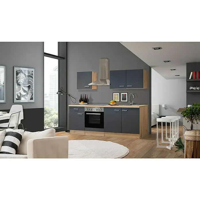 Flex-Well Tiago Singleküche - Breite: 210 cm, Grau, Mit Elektrogeräten - Diese moderne Küche in Grau und Holzoptik bietet stilvollen Stauraum. Das Design ist gradlinig und passt perfekt in ein modernes Zuhause.