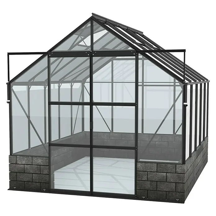 Vitavia Gewächshaus Cassandra 8300 - Außenmaß inkl. Dachüberstand (B x T): 257 x 323 cm, 3 mm, Schwarz/ Basalt - Abbildung eines schwarzen Gewächshauses mit Glaswänden und einem Steinfundament, ideal für den Gartenbau.