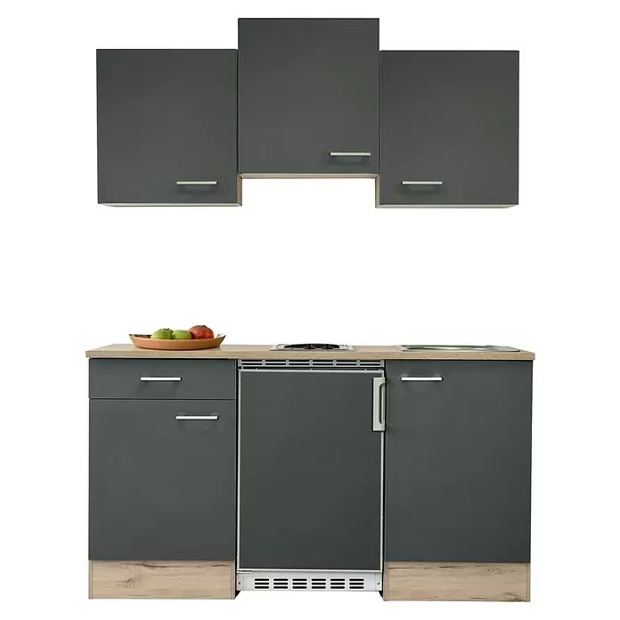 Flex-Well Tiago Singleküche - Breite: 150 cm, Grau, Mit Elektrogeräten - Dunkelgraue Kompaktküchenzeile mit heller Arbeitsplatte in Holzoptik, integriertem Kochfeld, Spüle, Kühlschrank und passenden Oberschränken.