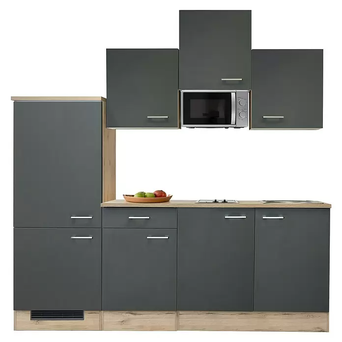 Flex-Well Tiago Singleküche mit Mikrowelle - Breite: 210 cm, Grau, Mit Elektrogeräten - Moderne graue Küchenzeile mit heller Holztheke, Mikrowelle, Kochfeld, Spüle und Schränken. Obstschale auf der Arbeitsplatte.