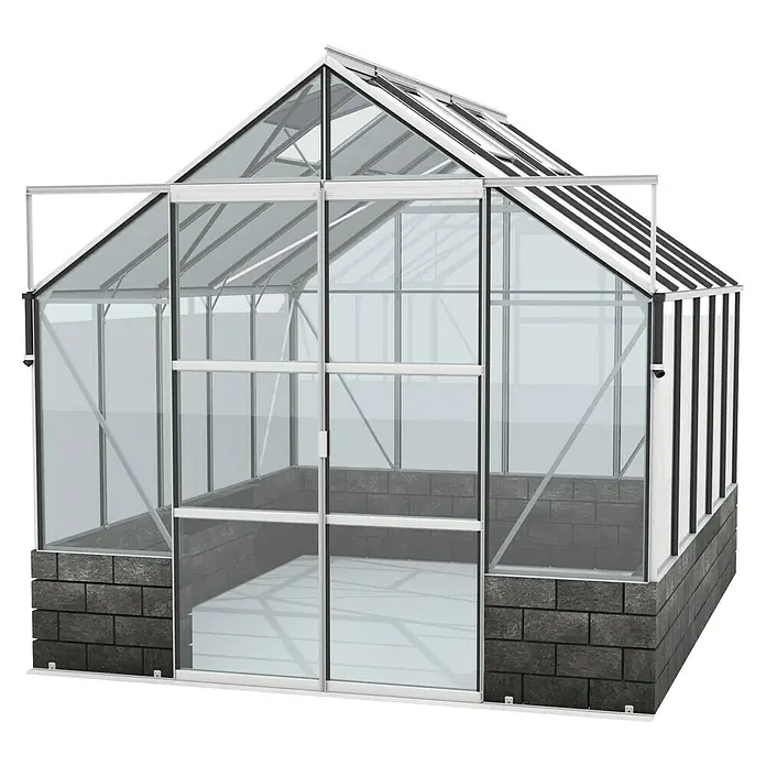 Vitavia Gewächshaus Cassandra 8300 - Außenmaß inkl. Dachüberstand (B x T): 257 x 323 cm, 3 mm, Aluminium/ Basalt - Ein geräumiges Gewächshaus mit Glaswänden und stabilen Rahmen, ideal für den Gartenliebhaber und Pflanzenanbau.