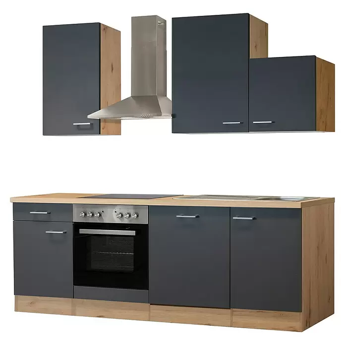 Flex-Well Tiago Küchenzeile Typ 1 - Breite: 220 cm, Grau, Mit Elektrogeräten, Höhe: 234 cm - Moderne Küchenzeile mit dunkelgrauen Schränken, hellen Holzdetails, Edelstahl-Backofen, Kochfeld, Spüle und Dunstabzugshaube.