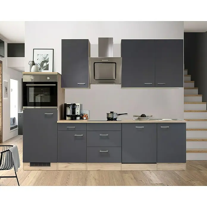 Flex-Well Tiago Küchenzeile - Breite: 280 cm, Höhe: 234 cm, Grau, Mit Elektrogeräten - Moderne Küchenzeile in Grau mit Holz-Akzenten, inklusive Ofen und Dunstabzugshaube. Elegantes Design für moderne Wohnräume.