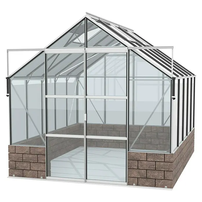 Vitavia Gewächshaus Cassandra 8300 - Außenmaß inkl. Dachüberstand (B x T): 257 x 323 cm, 3 mm, Aluminium/ Herbstlaub - Das Bild zeigt ein Gewächshaus mit Glaswänden und einem stabilen Rahmen, ideal für den Gartenbau.