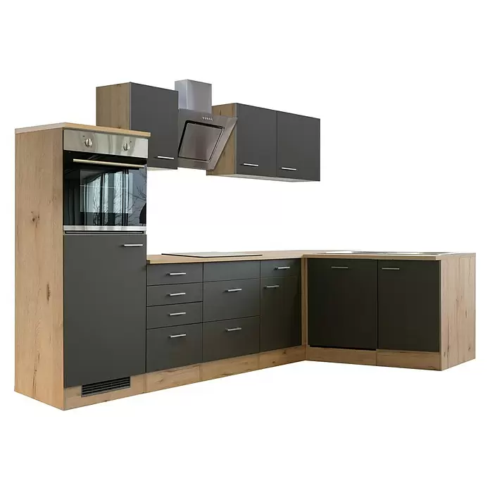 Flex-Well Tiago Winkelküche - L x B: 170 x 280 cm, Grau, Mit Elektrogeräten - Moderne Eckküche mit dunkelgrauen Schränken, hellen Holzdetails, integriertem Backofen, Kochfeld und Dunstabzugshaube für viel Stauraum und Kochfläche.