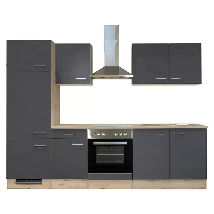 Flex-Well Tiago Küchenzeile Typ 1 - Breite: 270 cm, Grau, Mit Elektrogeräten, Höhe: 200 cm - Dunkelgraue Küchenzeile mit Holzoptik-Arbeitsplatten und -Sockel, inklusive integriertem Backofen, Kochfeld, Spüle und Edelstahl-Akzenten.