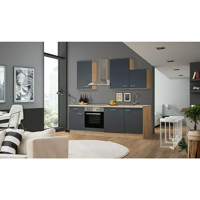 Flex-Well Tiago Küchenzeile Typ 1 - Breite: 220 cm, Grau, Mit Elektrogeräten, Höhe: 234 cm - Elegante Küchenzeile in Grau mit Holzdetails. Die Küchenschränke und die Dunstabzugshaube fügen sich nahtlos in das moderne Design ein.
