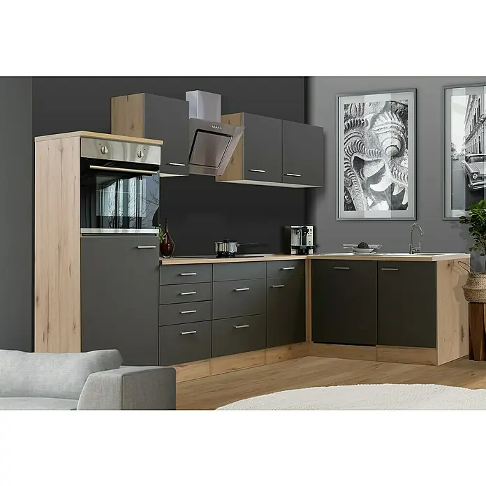 Flex-Well Tiago Winkelküche - L x B: 170 x 280 cm, Grau, Mit Elektrogeräten - Eine moderne Küche in Grau und Holzoptik mit einem Einbaubackofen und Hängeschränken bietet stilvollen Stauraum und Funktionalität.