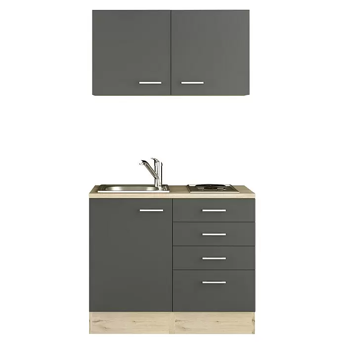 Flex-Well Tiago Miniküche - Breite: 100 cm, Grau, Mit Elektrogeräten - Dunkelgraue Miniküche mit heller Holzoptik-Arbeitsplatte, Spüle, Armatur, Kochfeld, Schubladen und Hängeschränken.