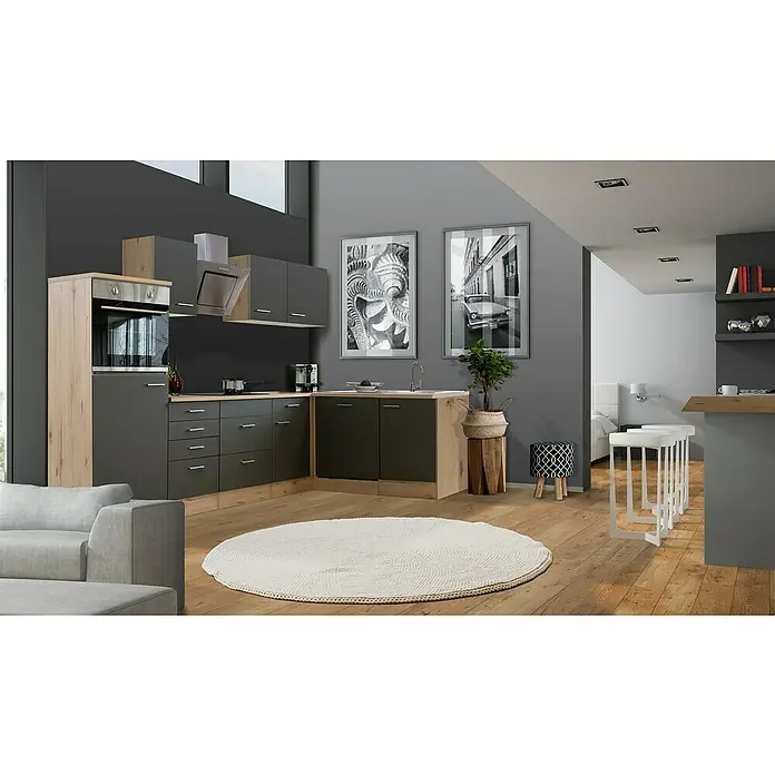 Flex-Well Tiago Winkelküche - L x B: 170 x 280 cm, Grau, Mit Elektrogeräten - Moderne Küche mit grauen Schränken, Holzelementen und runden Teppich, die eine stilvolle und funktionale Atmosphäre schafft.
