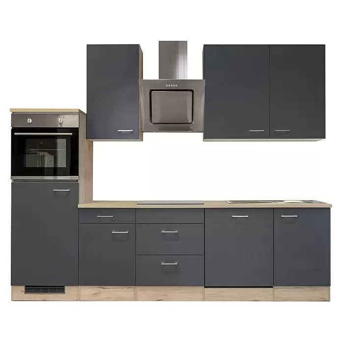 Flex-Well Tiago Küchenzeile - Breite: 280 cm, Höhe: 234 cm, Grau, Mit Elektrogeräten - Moderne dunkelgraue Küchenzeile mit heller Holzoptik-Arbeitsplatte, integriertem Backofen, Kochfeld, Dunstabzug und Spüle.