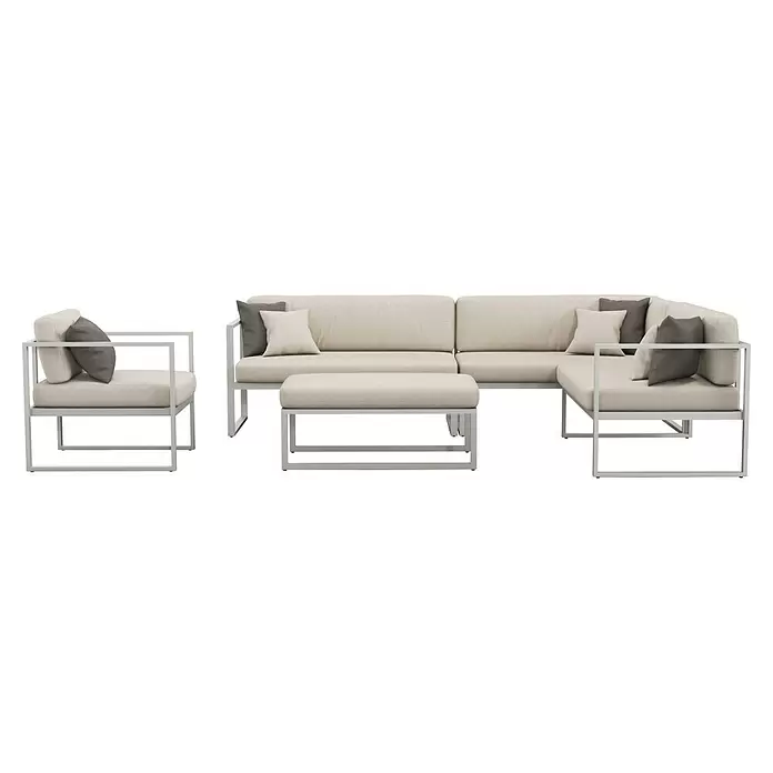 SENSUM Loungemöbel-Set Skepparholmen - 5 -tlg., Aluminium, Polyester, Sand - Modulares Outdoor-Ecksofa-Set mit hellbeigen Kissen und hellgrauem Metallrahmen, inklusive Sessel und Ottoman.