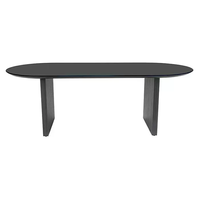 SENSUM Gartentisch Skuru - L x B x H: 220 x 100 x 74 cm, Aluminium, Glas, Schwarz - Schwarzer ovaler Tisch mit zwei dunkelgrauen, gerippten rechteckigen Beinen.