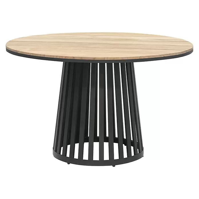 SENSUM Gartentisch rund Sandefjord - Ø x H: 120 x 73,5 cm, Aluminium, Schwarz/Teak - Runder Tisch mit heller Holzplatte und schwarzem Lamellen-Metallfuß.