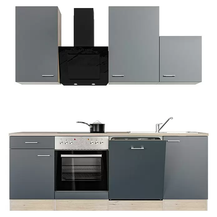 Flex-Well Tiago Küchenzeile - Breite: 220 cm, Höhe: 234 cm, Grau, Mit Elektrogeräten - Moderne graue Küche mit integrierten Geräten, schwarzer Dunstabzugshaube, Spüle und heller Holz-Arbeitsplatte/Sockel. Inkl. Backofen, Herd und geöffnetem Geschirrspüler.