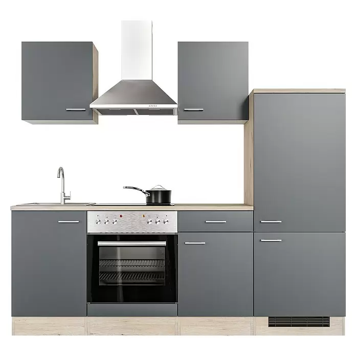 Flex-Well Tiago Küchenzeile Typ 1 - Breite: 220 cm, Grau, Mit Elektrogeräten, Höhe: 200 cm - Moderne Küchenzeile mit grauen Schränken, heller Holzplatte, Edelstahlbackofen, Spüle und Dunstabzugshaube. Ein Topf steht auf dem Kochfeld.