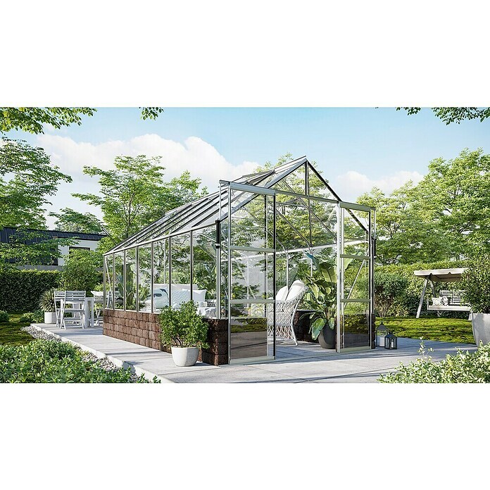 Vitavia Gewächshaus (4,48 x 2,57 x 2,49 m, Farbe: Aluminium, Sockelmauer, Farbe Stein: Sandstein, Einscheibensicherheitsglas (ESG))