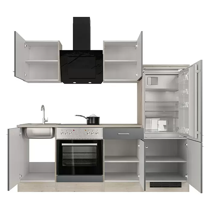 Flex-Well Tiago Küchenzeile - Breite: 220 cm, Höhe: 200 cm, Grau, Mit Elektrogeräten - Moderne modulare Küchenzeile mit offenen weißen und hellholzfarbenen Schränken, integriertem schwarzem Ofen, Kochfeld, Spüle, Dunstabzugshaube und offenem Kühlschrank.