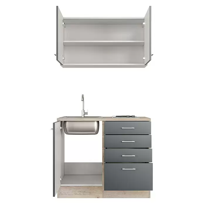 Flex-Well Tiago Miniküche - Breite: 100 cm, Grau, Mit Elektrogeräten - Zweiteiliges Küchenschränke-Set: Oberschrank mit zwei Regalböden, Unterschrank mit Spüle, Wasserhahn und dunkelgrauen Schubladen mit Holzdetails.