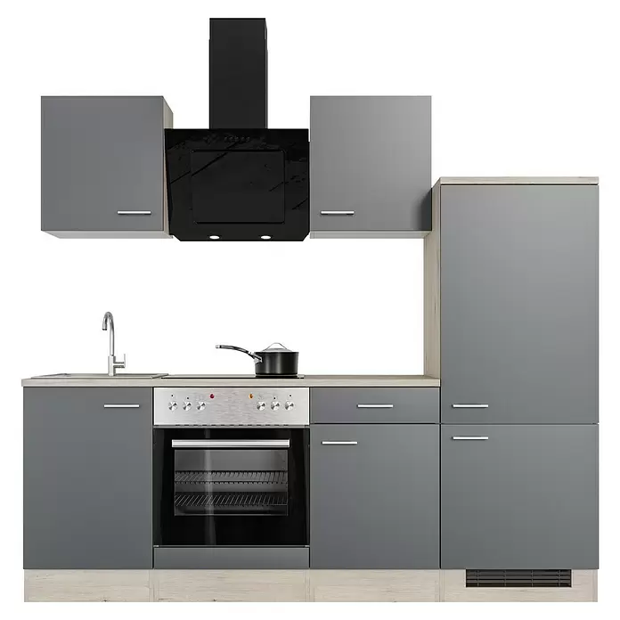 Flex-Well Tiago Küchenzeile - Breite: 220 cm, Höhe: 200 cm, Grau, Mit Elektrogeräten - Moderne graue Küche mit schwarzem Ofen, Dunstabzugshaube und heller Holz-Arbeitsplatte, inklusive Spüle und Topf auf dem Herd.