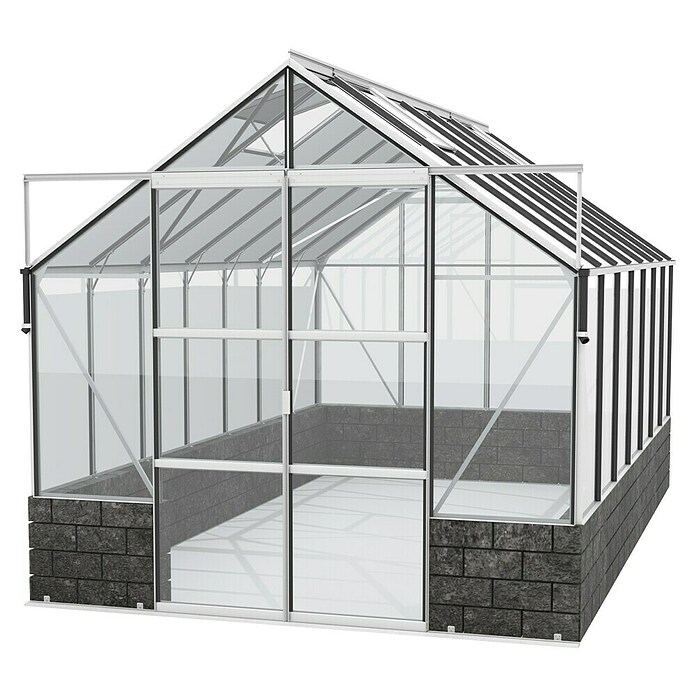 Vitavia Gewächshaus (4,48 x 2,57 x 2,49 m, Farbe: Aluminium, Sockelmauer, Farbe Stein: Anthrazit, Einscheibensicherheitsglas (ESG))