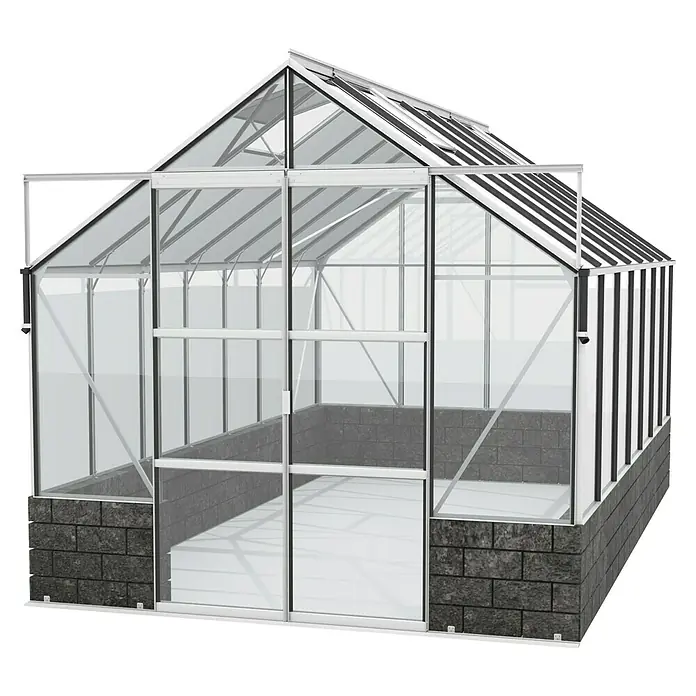 Vitavia Gewächshaus Cassandra 11500 Plus - Außenmaß inkl. Dachüberstand (B x T): 257 x 448 cm, 3 mm, Aluminium/ Basalt - Abbildung eines Gewächshauses mit klaren Glasscheiben und einem stabilen Rahmen, ideal für den Anbau von Pflanzen bei jedem Wetter.