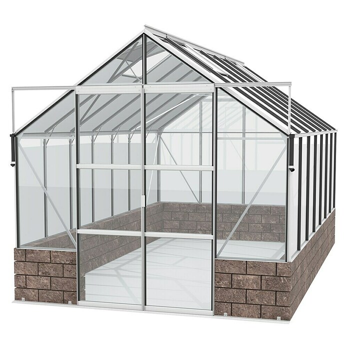 Vitavia Gewächshaus (4,48 x 2,57 x 2,49 m, Farbe: Aluminium, Sockelmauer, Farbe Stein: Sandstein, Einscheibensicherheitsglas (ESG))