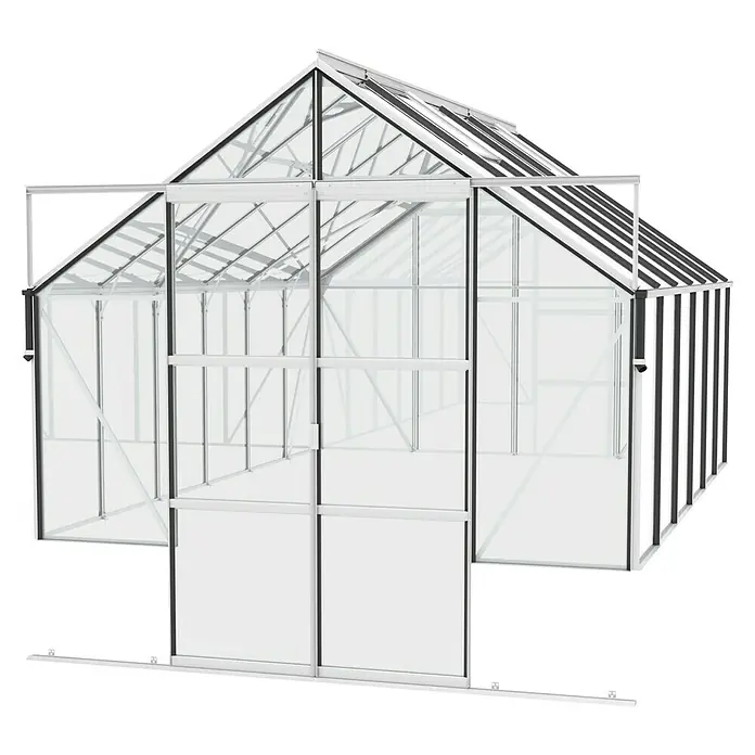 Vitavia Gewächshaus Cassandra 9900 Plus - Außenmaß inkl. Dachüberstand (B x T): 257 x 385 cm, 3 mm, Aluminium - Eine Abbildung eines Gewächshauses mit Metallrahmen und klaren Paneelen, das für den Gartenbau verwendet wird.\n
