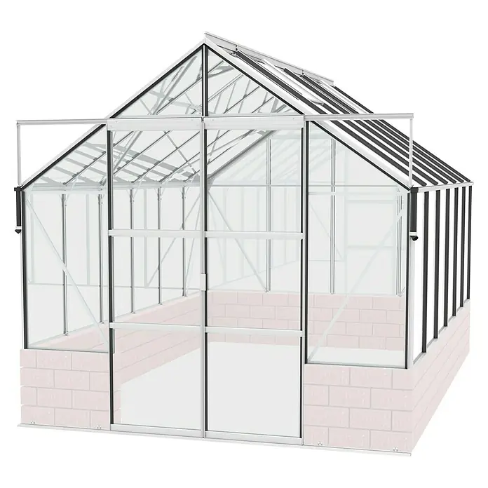 Vitavia Gewächshaus Cassandra 9900 Plus - Außenmaß inkl. Dachüberstand (B x T): 257 x 385 cm, 3 mm, Aluminium - Nahaufnahme eines Gewächshauses mit transparenten Wänden und schwarzen Rahmen.