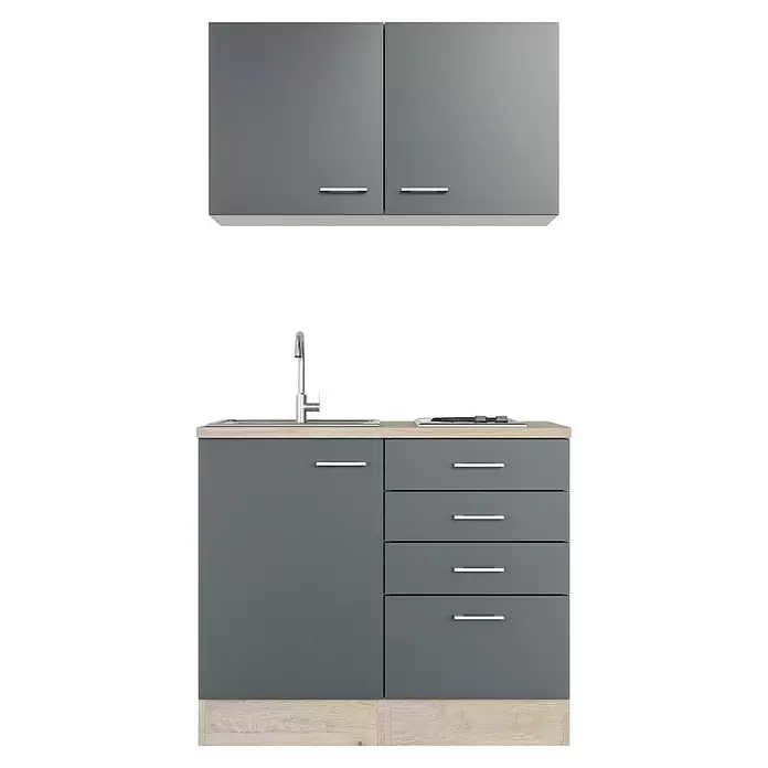 Flex-Well Tiago Miniküche - Breite: 100 cm, Grau, Mit Elektrogeräten - Graue modulare Küchenzeile mit heller Holzoptik-Arbeitsplatte, integrierter Spüle, Kochfeld und Chromgriffen.