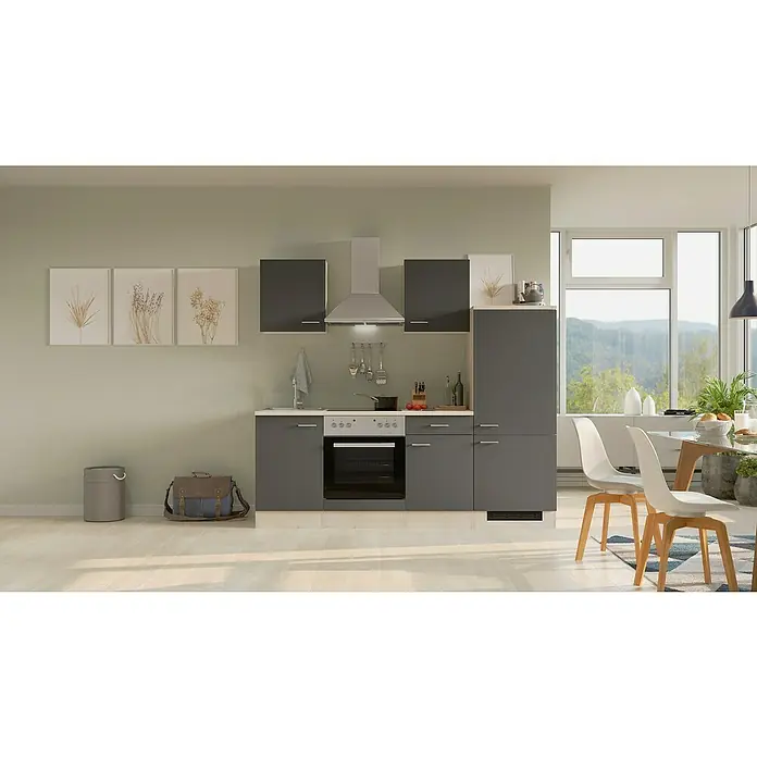 Flex-Well Tiago Küchenzeile Typ 1 - Breite: 220 cm, Grau, Mit Elektrogeräten, Höhe: 200 cm - Eine moderne graue Küche mit weißen Akzenten und viel Stauraum, ideal für kleine Räume und minimalistisches Design.