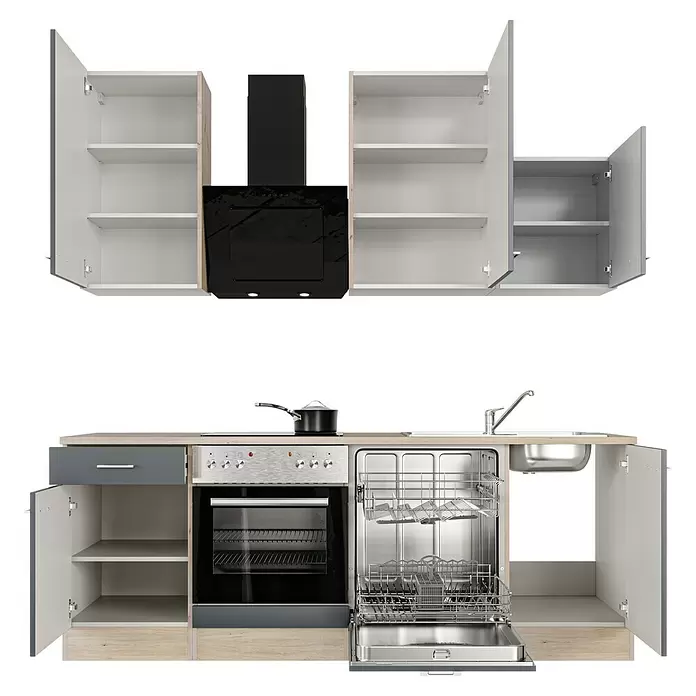 Flex-Well Tiago Küchenzeile - Breite: 220 cm, Höhe: 234 cm, Grau, Mit Elektrogeräten - Modulare Küchenzeile mit heller Holzoptik und weiß/grauen Schränken, schwarzem Backofen/Kochfeld, Spülmaschine, Spüle und Dunstabzugshaube.