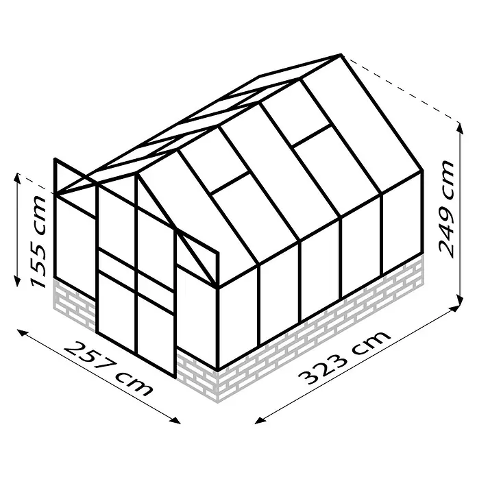 Vitavia Gewächshaus Cassandra 8300 - Außenmaß inkl. Dachüberstand (B x T): 257 x 323 cm, 3 mm, Schwarz - Abbildung eines Gewächshauses mit Größenangaben: 257 cm breit, 323 cm tief und 249 cm hoch. Ideal für Gartenliebhaber.