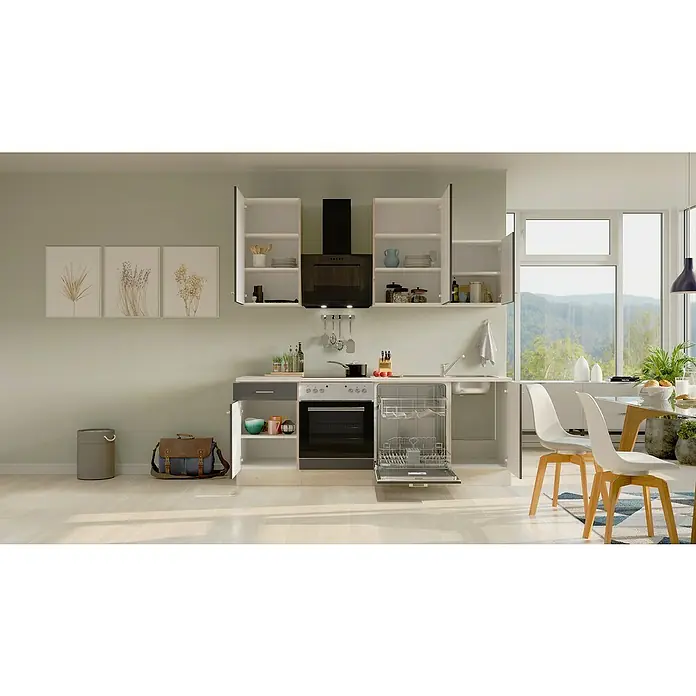 Flex-Well Tiago Küchenzeile - Breite: 220 cm, Höhe: 234 cm, Grau, Mit Elektrogeräten - Eine moderne Küche mit offenen Schränken, Geschirrspüler und Backofen. Die Einrichtung besticht durch ihr helles, freundliches Design und Funktionalität.
