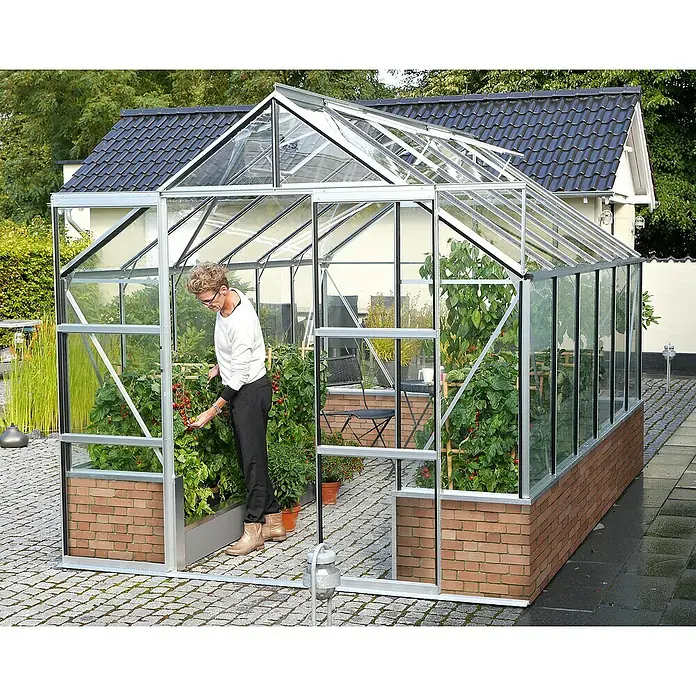 Vitavia Gewächshaus Cassandra 9900 Plus - Außenmaß inkl. Dachüberstand (B x T): 257 x 385 cm, 3 mm, Aluminium - Gewächshaus mit Pflanzen und einer Person. Das Gewächshaus hat eine Ziegelbasis und ein transparentes Dach.