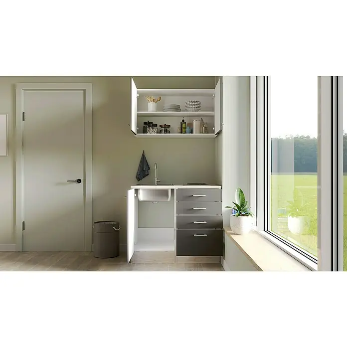 Flex-Well Tiago Miniküche - Breite: 100 cm, Grau, Mit Elektrogeräten - Helle Waschküche mit Waschbeckenunterschrank und offenem Hängeschrank, ideal zur platzsparenden Aufbewahrung von Utensilien.