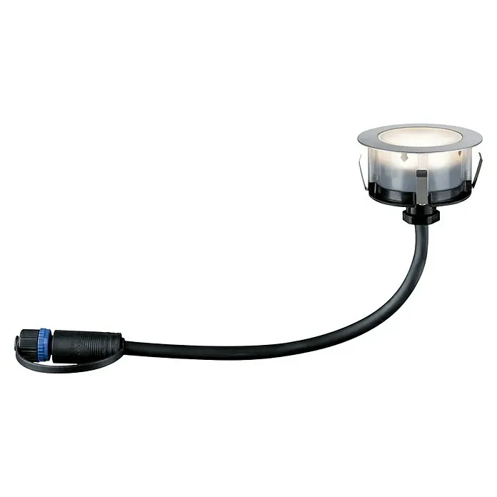Paulmann Plug & Shine Bodeneinbauleuchten-Basis-Set LED-Bodeneinbauleuchte Floor Eco - 7 x 3 cm, Warmweiß, Silber - Bild einer Bodeneinbauleuchte mit einem Gehäuse aus Edelstahl, verbunden mit einem schwarzen Kabel und einem blauen Stecker.