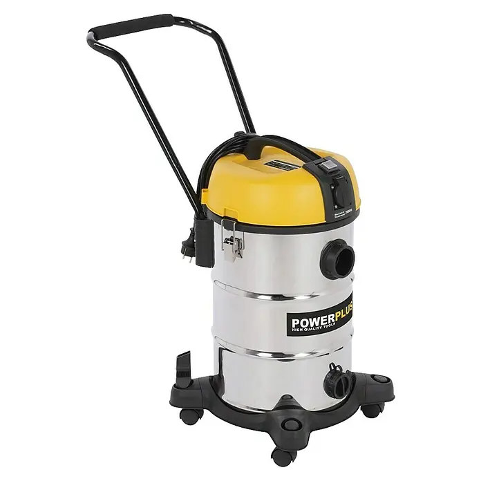 PowerPlus Aspirador en seco y húmedo eléctrico POWX3240 - 1.200 W, Volumen de recipiente: 30 l, Con bolsa - Imagen de una aspiradora para sólidos y líquidos Powerplus, con una parte superior amarilla y un eje de metal.