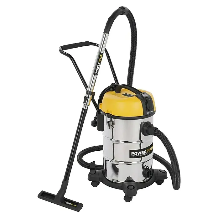 PowerPlus Aspirador en seco y húmedo eléctrico POWX3240 - 1.200 W, Volumen de recipiente: 30 l, Con bolsa - Aquí hay una imagen de una aspiradora para líquidos y sólidos Powerplus amarilla y plateada, ideal para diversas tareas de limpieza.