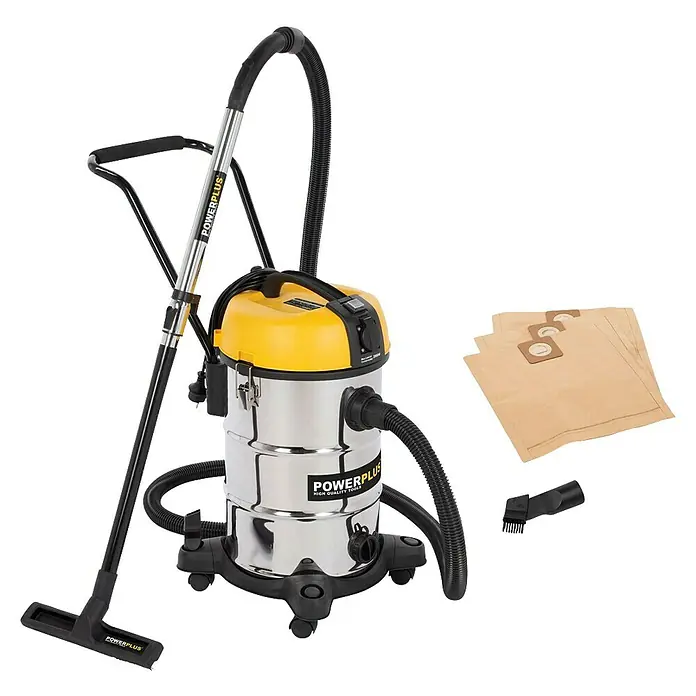 PowerPlus Aspirador en seco y húmedo eléctrico POWX3240 - 1.200 W, Volumen de recipiente: 30 l, Con bolsa - Imagen de una aspiradora para sólidos y líquidos Powerplus con accesorios, ideal para tareas de limpieza versátiles.