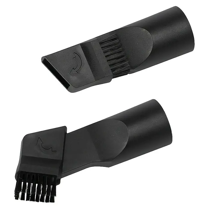 PowerPlus Aspirador en seco y húmedo eléctrico POWX3240 - 1.200 W, Volumen de recipiente: 30 l, Con bolsa - La imagen muestra dos accesorios de cepillo de aspiradora negros con cerdas y una flecha de rotación para ajustar la dirección del cepillo.