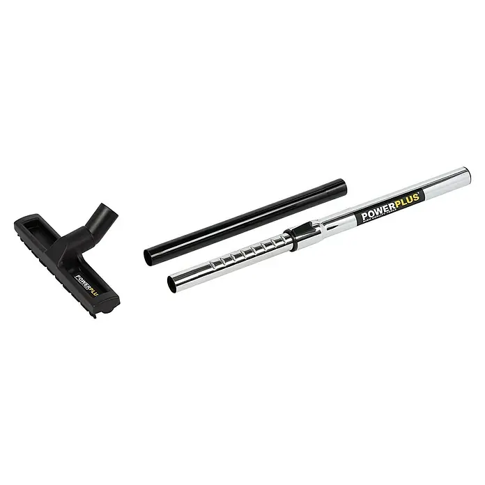 PowerPlus Aspirador en seco y húmedo eléctrico POWX3240 - 1.200 W, Volumen de recipiente: 30 l, Con bolsa - La imagen muestra un conjunto de accesorios POWERPLUS para aspiradora, que incluye una boquilla y un tubo telescópico, perfecto para la limpieza versátil.