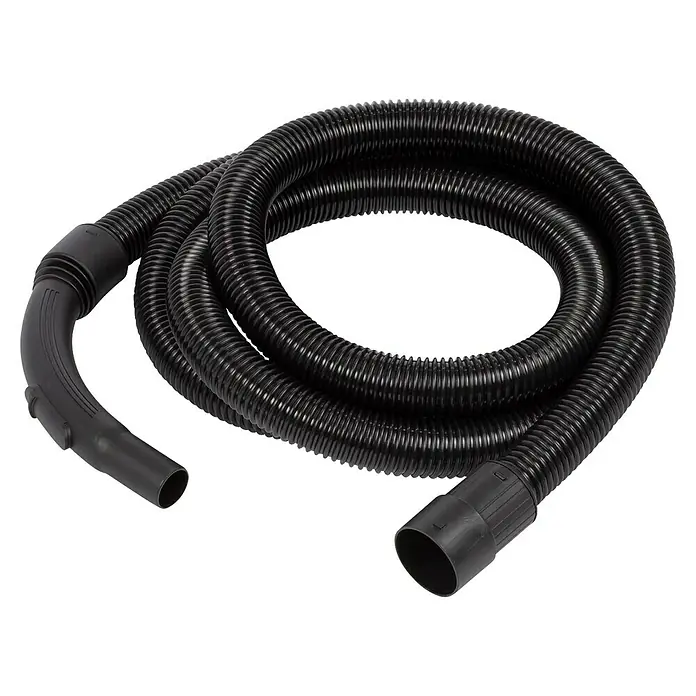 PowerPlus Aspirador en seco y húmedo eléctrico POWX3240 - 1.200 W, Volumen de recipiente: 30 l, Con bolsa - En la imagen se muestra una manguera de aspiradora negra con textura acanalada y conectores de plástico en cada extremo.