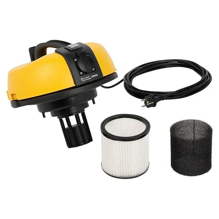 PowerPlus Aspirador en seco y húmedo eléctrico POWX3240 - 1.200 W, Volumen de recipiente: 30 l, Con bolsa - En la imagen se ve un aspirador para sólidos y líquidos amarillo y negro con accesorios como filtro, espuma y cable.