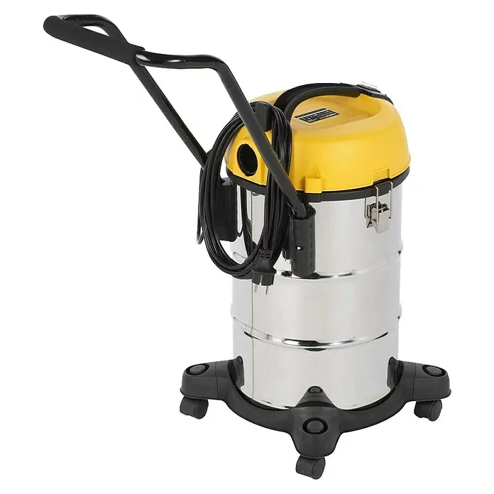 PowerPlus Aspirador en seco y húmedo eléctrico POWX3240 - 1.200 W, Volumen de recipiente: 30 l, Con bolsa - Imagen de una aspiradora para seco y húmedo con tapa amarilla y depósito cromado, ideal para talleres y garajes.