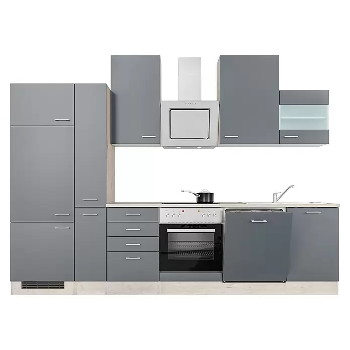 Flex-Well Tiago Küchenzeile Typ 2 - Breite: 310 cm, Grau, Mit Elektrogeräten - Moderne graue Küchenzeile mit integriertem Backofen, Kochfeld, Dunstabzugshaube, Spüle, Geschirrspüler und Schränken.