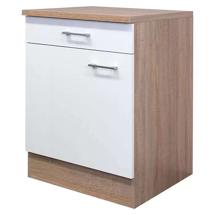 Flex-Well Samoa Küchen-Unterschrank Samoa - B x T x H: 60 x 60 x 85 cm, Weiß - Heller Holz-Look und weißer zweischubladiger Schrank mit silbernen Griffen.